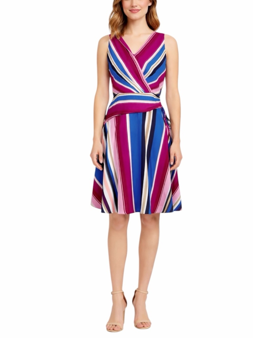 Roz & Ali Pink Blue Stripe Chiffon Tie Waist A-Line Dress Size 4 NWT V-neck